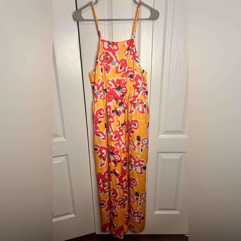 Crosby by Mollie Burch Floral Pink Yellow Adjustable Straps Jumpsuit Size Large
